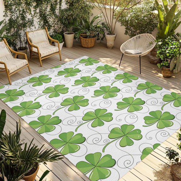 St. Patrick's Day Outdoor Rug for Patio/Deck/Porch, Non-Slip Large Area Rug 3 x 5 Ft, Spring Lucky Four-leaf Grass Watercolor Indoor Outdoor Rugs Washable Area Rugs, Camping Rug Carpet Runner