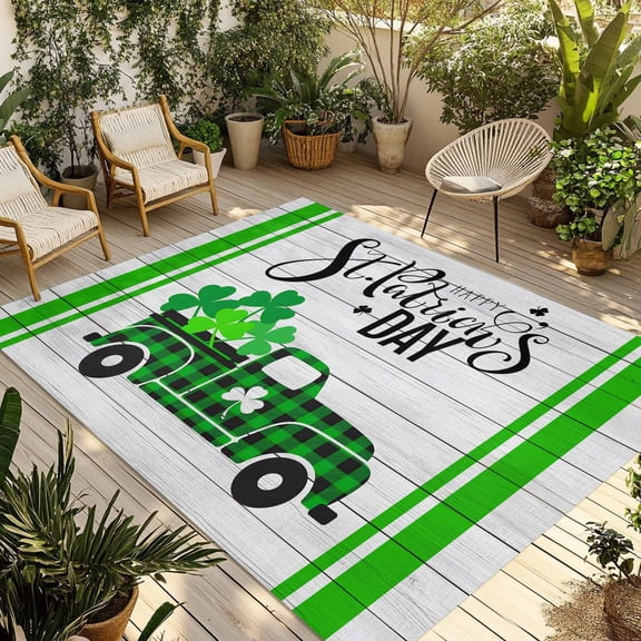 St. Patrick's Day Outdoor Rug for Patio/Deck/Porch, Non-Slip Large Area Rug 3 x 5 Ft, Spring Lucky Grass Truck Striped Wood Indoor Outdoor Rugs Washable Area Rugs, Camping Rug Carpet Runner