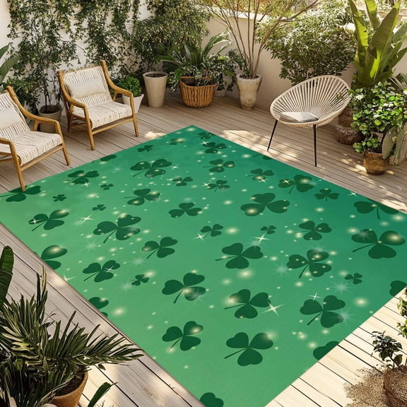 St. Patrick's Day Outdoor Rug for Patio/Deck/Porch, Non-Slip Large Area Rug 3 x 5 Ft, Spring Lucky Shamrock Grass Gradient Indoor Outdoor Rugs Washable Area Rugs, Reversible Camping Rug Carpet Runner