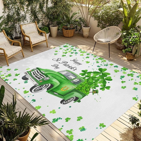 St. Patrick's Day Outdoor Rug for Patio/Deck/Porch, Non-Slip Large Area Rug 3 x 5 Ft, Spring Lucky Shamrocks Grass Truck Indoor Outdoor Rugs Washable Area Rugs, Reversible Camping Rug Carpet Runner