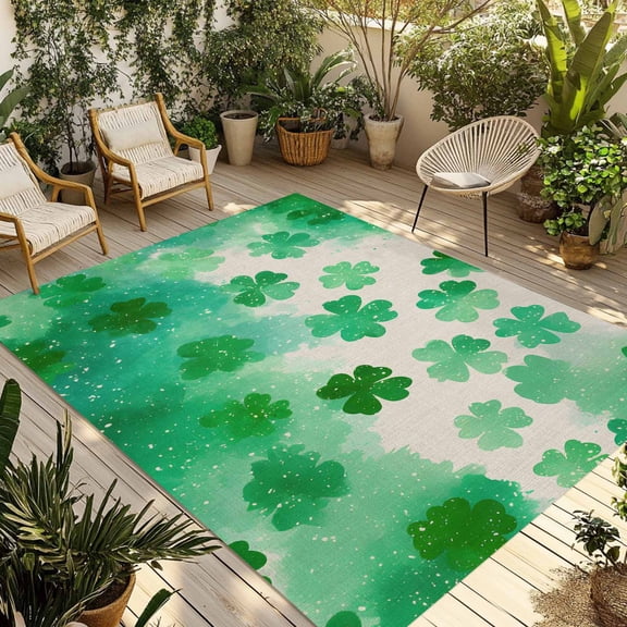 St. Patrick's Day Outdoor Rug for Patio/Deck/Porch, Non-Slip Large Area Rug 3 x 5 Ft, Watercolor Botanical Green Clovers Indoor Outdoor Rugs Washable Area Rugs, Reversible Camping Rug Carpet Runner
