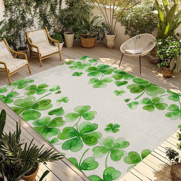 St. Patrick's Day Outdoor Rug for Patio/Deck/Porch, Non-Slip Large Area Rug 3 x 5 Ft, Watercolor Lucky Clovers Green Rustic Indoor Outdoor Rugs Washable Area Rugs, Camping Rug Carpet Runner