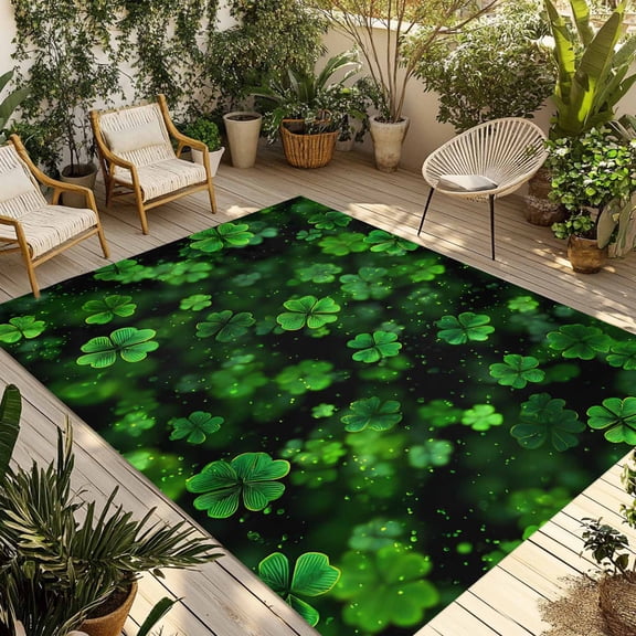 St. Patrick's Day Outdoor Rug for Patio/Deck/Porch, Non-Slip Large Area Rug 4 x 6 Ft, Botanical Spring Green Clovers Leaves Indoor Outdoor Rugs Washable Area Rugs, Camping Rug Carpet Runner