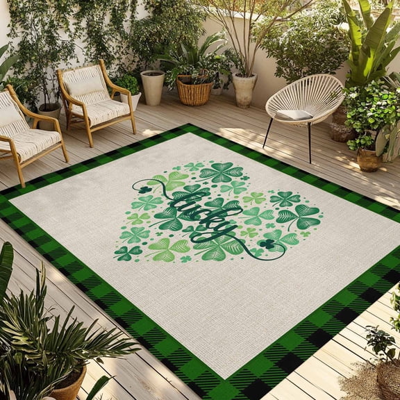 St Patrick's Day Outdoor Rug for Patio/Deck/Porch, Non-Slip Large Area Rug 4 x 6 Ft, Dark Green Lucky Shamrocks Heart Shape Indoor Outdoor Rugs Washable Area Rugs, Camping Rug Carpet Runner