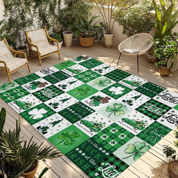 St. Patrick's Day Outdoor Rug for Patio/Deck/Porch, Non-Slip Large Area Rug 4 x 6 Ft, Green Checked Luck Leaves Gnomes Indoor Outdoor Rugs Washable Area Rugs, Reversible Camping Rug Carpet Runner
