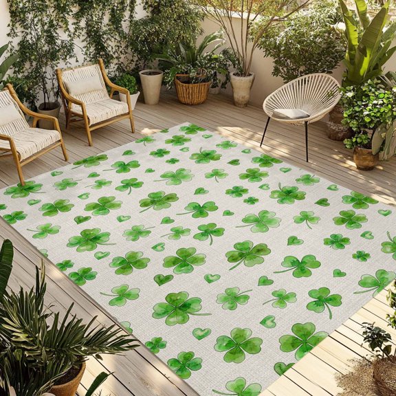 St. Patrick's Day Outdoor Rug for Patio/Deck/Porch, Non-Slip Large Area Rug 4 x 6 Ft, Rustic Lucky Clovers Green Indoor Outdoor Rugs Washable Area Rugs, Reversible Camping Rug Carpet Runner