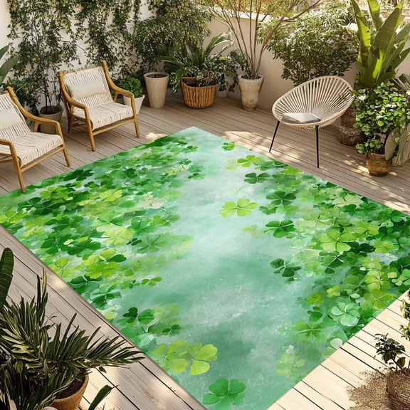 St. Patrick's Day Outdoor Rug for Patio/Deck/Porch, Non-Slip Large Area Rug 4 x 6 Ft, Spring Botanical Green Leaves Clovers Indoor Outdoor Rugs Washable Area Rugs, Camping Rug Carpet Runner