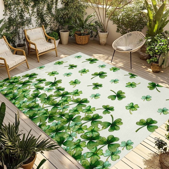 St. Patrick's Day Outdoor Rug for Patio/Deck/Porch, Non-Slip Large Area Rug 4 x 6 Ft, Spring Green Botanical Lucky Clovers Indoor Outdoor Rugs Washable Area Rugs, Reversible Camping Rug Carpet Runner