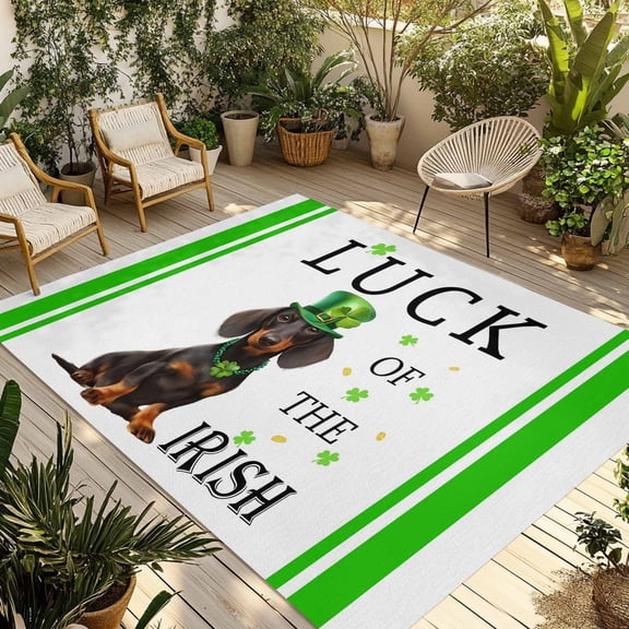 St. Patrick's Day Outdoor Rug for Patio/Deck/Porch, Non-Slip Large Area Rug 4 x 6 Ft, Spring Lucky Hats Dogs Grass Striped Indoor Outdoor Rugs Washable Area Rugs, Reversible Camping Rug Carpet Runner