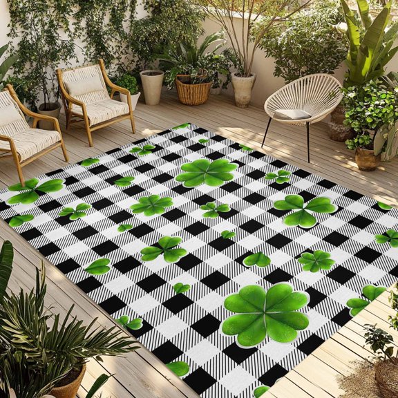 St. Patrick's Day Outdoor Rug for Patio/Deck/Porch, Non-Slip Large Area Rug 4 x 6 Ft, Spring Lucky Shamrock Black White Plaid Indoor Outdoor Rugs Washable Area Rugs, Camping Rug Carpet Runner