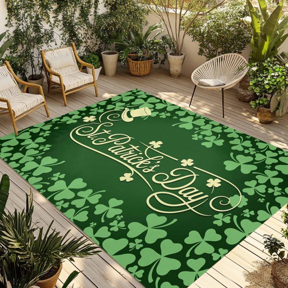 St. Patrick's Day Outdoor Rug for Patio/Deck/Porch, Non-Slip Large Area Rug 4 x 6 Ft, Spring Lucky Shamrock Plants Retro Green Indoor Outdoor Rugs Washable Area Rugs, Camping Rug Carpet Runner