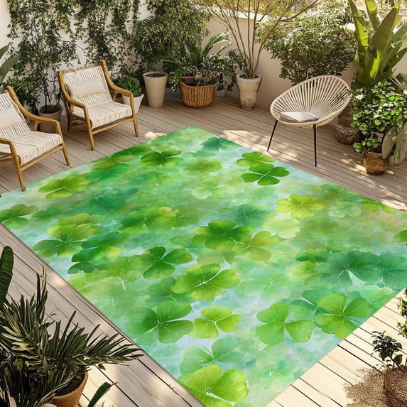 St. Patrick's Day Outdoor Rug for Patio/Deck/Porch, Non-Slip Large Area Rug 5 x 7 Ft, Farmhouse Spring Watercolor Green Clovers Indoor Outdoor Rugs Washable Area Rugs, Camping Rug Carpet Runner