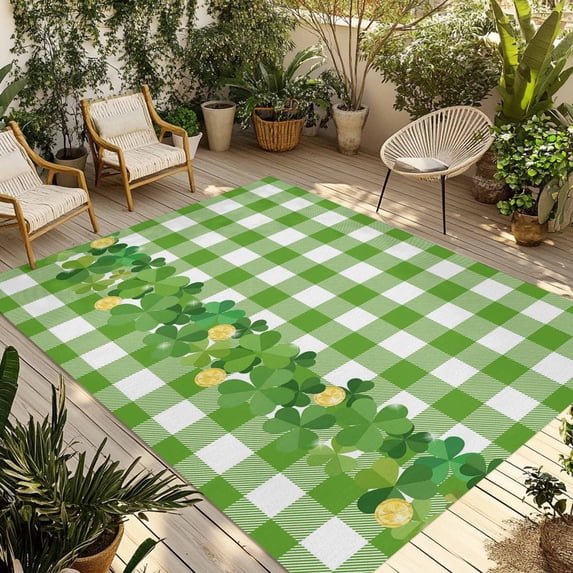 St. Patrick's Day Outdoor Rug for Patio/Deck/Porch, Non-Slip Large Area Rug 5 x 7 Ft, Shamrock Grasses Sage Green Plaid Indoor Outdoor Rugs Washable Area Rugs, Reversible Camping Rug Carpet Runner