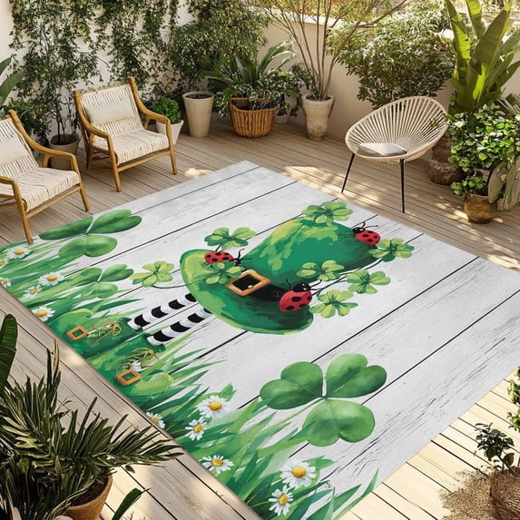St. Patrick's Day Outdoor Rug for Patio/Deck/Porch, Non-Slip Large Area Rug 5 x 7 Ft, Spring Shamrock Hat Daisy Ladybirds Wood Gray Indoor Outdoor Rugs Washable Area Rugs, Camping Rug Carpet Runner
