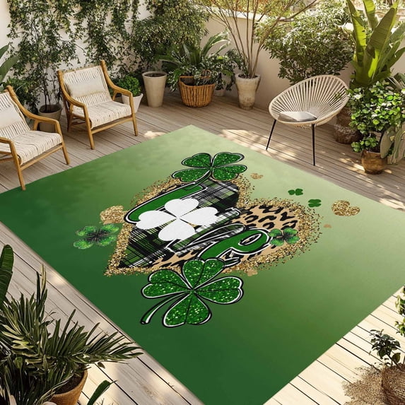 St. Patrick's Day Outdoor Rug for Patio/Deck/Porch, Non-Slip Large Area Rug 5 x 8 Ft, Spring Shamrock Gold Leopard Love Ombre Green Indoor Outdoor Rugs Washable Area Rugs, Camping Rug Carpet Runner