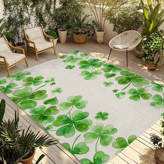 St. Patrick's Day Outdoor Rug for Patio/Deck/Porch, Non-Slip Large Area Rug 5 x 8 Ft, Watercolor Lucky Clovers Green Rustic Indoor Outdoor Rugs Washable Area Rugs, Camping Rug Carpet Runner