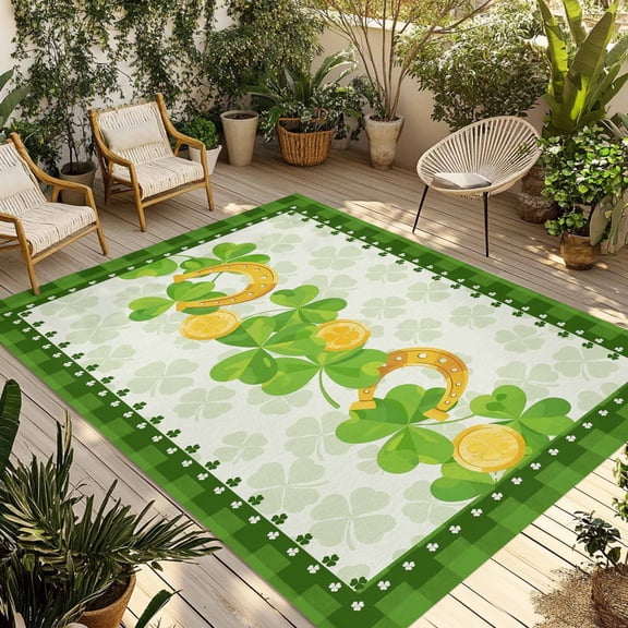 St. Patrick's Day Outdoor Rug for Patio/Deck/Porch, Non-Slip Large Area Rug 6 x 9 Ft, Spring Green Lucky Clovers Leaves Plaid Indoor Outdoor Rugs Washable Area Rugs, Camping Rug Carpet Runner