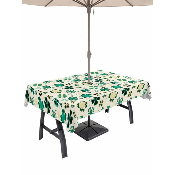 St. Patrick's Day Outdoor Tablecloth - 52x70 Inch Rectangle Dining Table Cover, Lucky Shamrock Leaves Botanical Beige Waterproof Outdoor Table Cloth with Umbrella Hole & Zipper for Picnic/Patio/Party