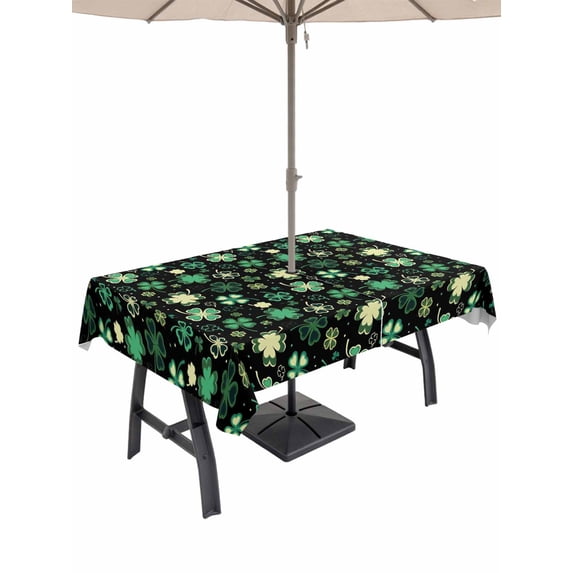 St. Patrick's Day Outdoor Tablecloth - 52x70 Inch Rectangle Dining Table Cover, Spring Green Shamrock Leaves Black Waterproof Outdoor Table Cloth with Umbrella Hole & Zipper for Picnic/Patio/Party