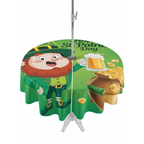 St. Patrick's Day Outdoor Tablecloth - 54 Inch Round Dining Table Cover, Funny Gnomes Beer Gold Coin Shamrock Green Waterproof Outdoor Table Cloth with Umbrella Hole & Zipper for Picnic/Patio/Party