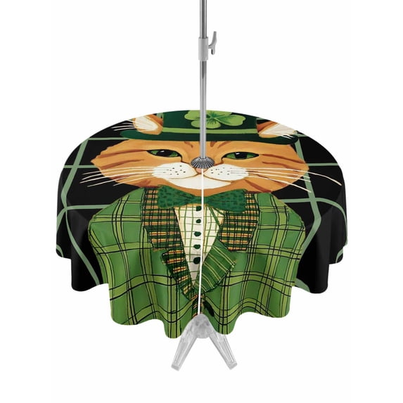 St. Patrick's Day Outdoor Tablecloth - 54 Inch Round Dining Table Cover, Green Kitten Cats Lucky Shamrock Black Plaid Waterproof Outdoor Table Cloth with Umbrella Hole & Zipper for Picnic/Patio/Party