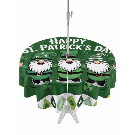 St. Patrick's Day Outdoor Tablecloth - 54 Inch Round Dining Table Cover, Lucky Shamrock Gnomes Gold Coin Spring Green Waterproof Outdoor Table Cloth with Umbrella Hole & Zipper for Picnic/Patio/Party