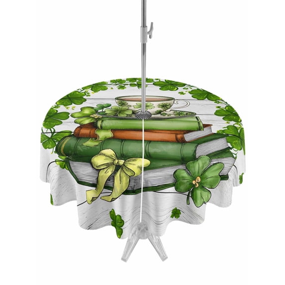 St Patrick's Day Outdoor Tablecloth - 54 Inch Round Dining Table Cover, Lucky Shamrock Leaf Books Coffee Cups Wooden Waterproof Outdoor Table Cloth with Umbrella Hole & Zipper for Picnic/Patio/Party