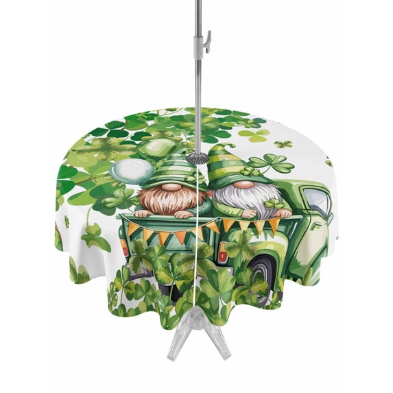 St Patrick's Day Outdoor Tablecloth - 54 Inch Round Dining Table Cover, Lucky Shamrock Tree Gnomes Truck Leaf Green Waterproof Outdoor Table Cloth with Umbrella Hole & Zipper for Picnic/Patio/Party