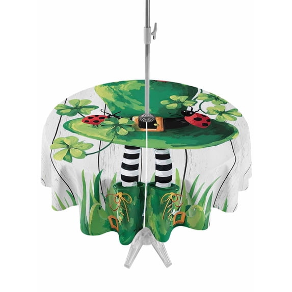 St. Patrick's Day Outdoor Tablecloth - 54 Inch Round Dining Table Cover, Spring Shamrock Hat Daisy Ladybirds Wood Gray Waterproof Outdoor Table Cloth with Umbrella Hole & Zipper for Picnic/Patio