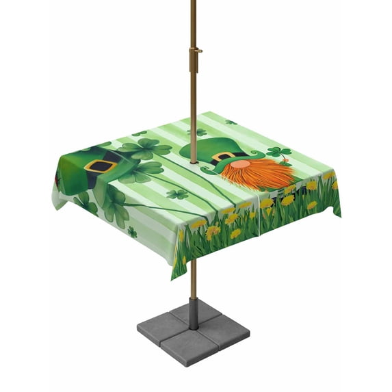 St. Patrick's Day Outdoor Tablecloth - 54x54 Inch Square Dining Table Cover, Spring Shamrock Leaves Gnomes Flower Green Waterproof Outdoor Table Cloth with Umbrella Hole & Zipper for Picnic/Patio