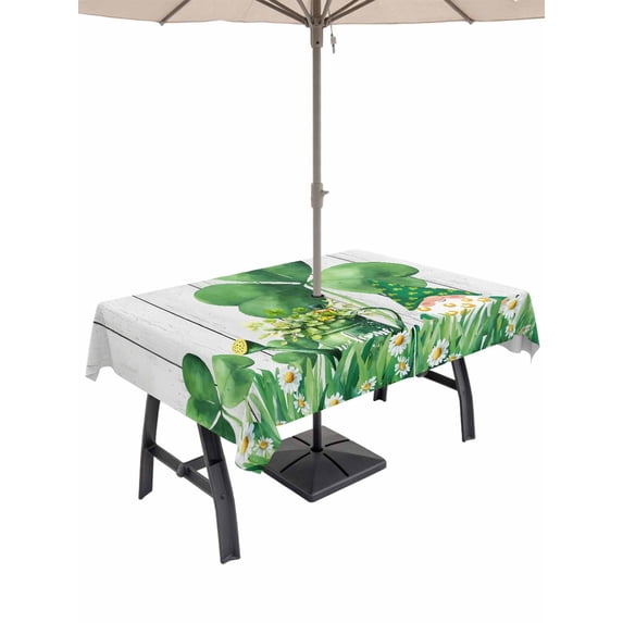 St. Patrick's Day Outdoor Tablecloth - 54x80 Inch Rectangle Dining Table Cover, Lucky Shamrock Watering Can Gnomes Daisy Wood Waterproof Outdoor Table Cloth with Umbrella Hole & Zipper for Patio