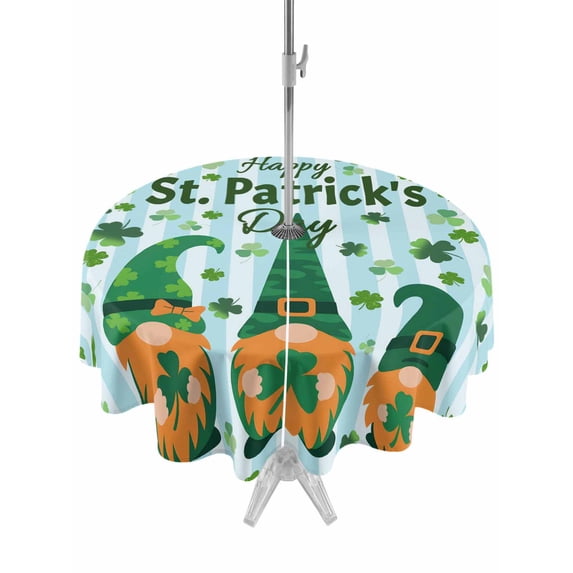St. Patrick's Day Outdoor Tablecloth - 60 Inch Round Dining Table Cover, Gnomes Shamrock Clovers Blue Stripes Waterproof Outdoor Table Cloth with Umbrella Hole & Zipper for Picnic/Patio/Party