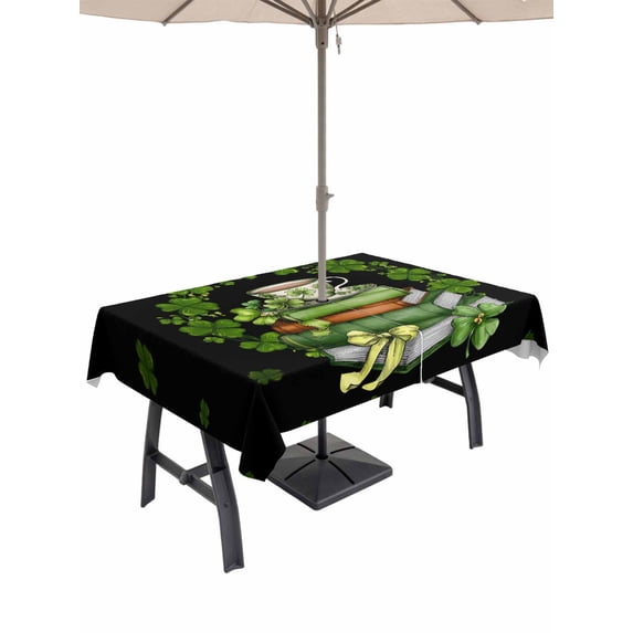 St Patrick's Day Outdoor Tablecloth - 60x102 Inch Rectangle Dining Table Cover, Shamrock Leaf Coffee Cups Books Dark Green Waterproof Outdoor Table Cloth with Umbrella Hole & Zipper for Picnic/Patio