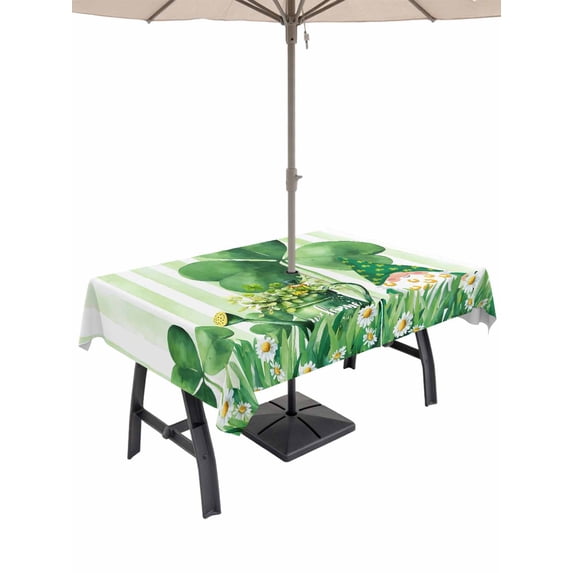 St Patrick's Day Outdoor Tablecloth - 60x102 Inch Rectangle Dining Table Cover, Watercolor Gnomes Shamrock Daisy Green Stripes Waterproof Outdoor Table Cloth with Umbrella Hole & Zipper for Patio