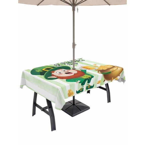 St. Patrick's Day Outdoor Tablecloth - 60x120 Inch Rectangle Dining Table Cover, Green Gnomes Gold Coin Beer Shamrock Stripes Waterproof Outdoor Table Cloth with Umbrella Hole & Zipper for Patio