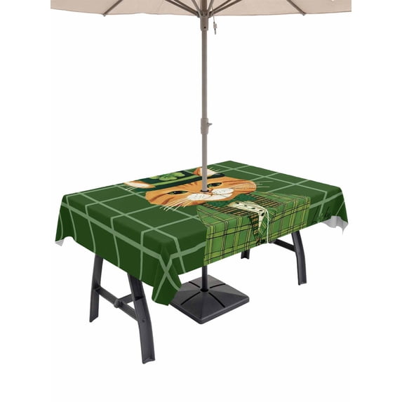 St. Patrick's Day Outdoor Tablecloth - 60x120 Inch Rectangle Dining Table Cover, Green Shamrock Kitten Cats Hat Buffalo Plaid Waterproof Outdoor Table Cloth with Umbrella Hole & Zipper for Patio
