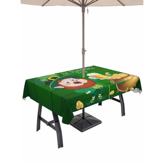 St. Patrick's Day Outdoor Tablecloth - 60x120 Inch Rectangle Dining Table Cover, Lucky Shamrock Gnomes Beer Coin Wood Green Waterproof Outdoor Table Cloth with Umbrella Hole & Zipper for Picnic/Patio