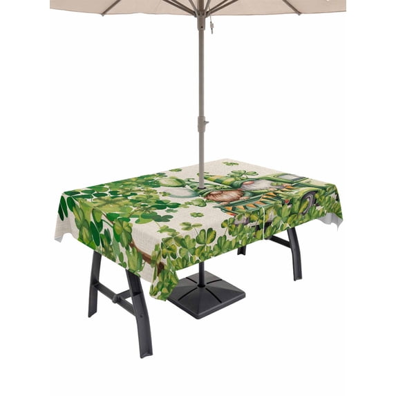 St Patrick's Day Outdoor Tablecloth - 60x120 Inch Rectangle Dining Table Cover, Lucky Shamrock Gnomes Truck Branches Beige Waterproof Outdoor Table Cloth with Umbrella Hole & Zipper for Picnic/Patio