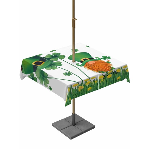 St. Patrick's Day Outdoor Tablecloth - 60x60 Inch Square Dining Table Cover, Lucky Shamrock Gnomes Flowers Leaves Green Waterproof Outdoor Table Cloth with Umbrella Hole & Zipper for Picnic/Patio