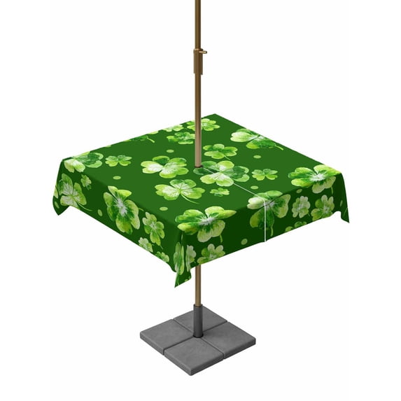 St. Patrick's Day Outdoor Tablecloth - 60x60 Inch Square Dining Table Cover, Spring Shamrock Leaves Polka Dots Dark Green Waterproof Outdoor Table Cloth with Umbrella Hole & Zipper for Picnic/Patio