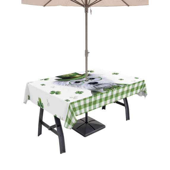St. Patrick's Day Outdoor Tablecloth - 60x84 Inch Rectangle Dining Table Cover, Cute Puppy Shamrock Hat Dog Green Plaid Waterproof Outdoor Table Cloth with Umbrella Hole & Zipper for Picnic/Patio