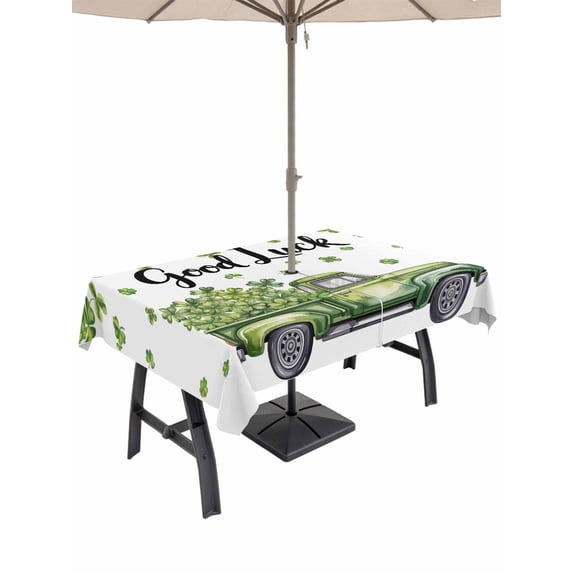 St Patrick's Day Outdoor Tablecloth - 60x84 Inch Rectangle Dining Table Cover, Green Truck Lucky Shamrock Four Leaf Spring Waterproof Outdoor Table Cloth with Umbrella Hole & Zipper for Picnic/Patio