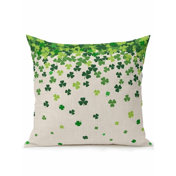 St. Patrick's Day Outdoor Throw Pillow with Insert, 16"x16" Spring Green Lucky Shamrocks Plant Linen Texture Waterproof Decorative Square Patio Pillows for Outside Furniture, Sofa, Porch, Garden