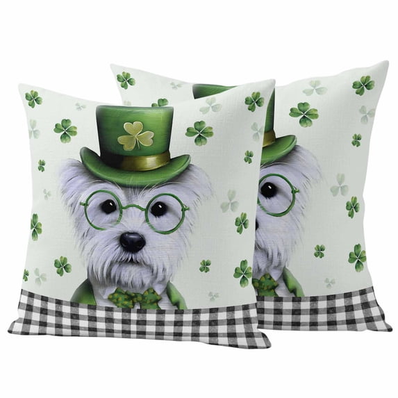 St. Patrick's Day Outdoor Waterproof Pillow Covers, Cute Puppy Lucky Shamrock Black Plaid Decorative Square Throw Pillowcase Sofa Cushion Sham for Patio/Couch/Chair, 26"x26" 2 Pack