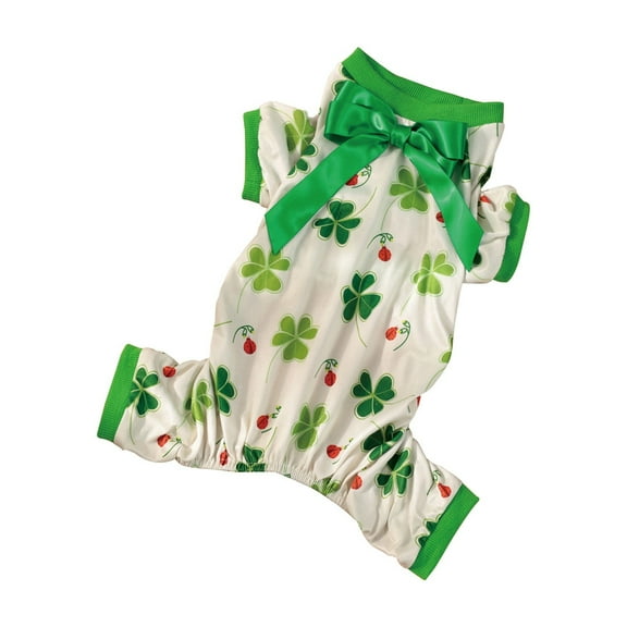 St. Patrick's Day Outfit Pullover for Small Medium Dogs Green Clover Print Bow Tie Dog Pajamas Fashion Small Dog Clothes for Girls,Beige,M