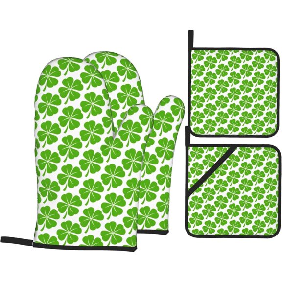 St. Patrick''s Day Oven Mitts and Pot Holders Sets 4 pcs, Kitchen Oven Gloves Heat Resistant BBQ Gloves Non Slip for Baking