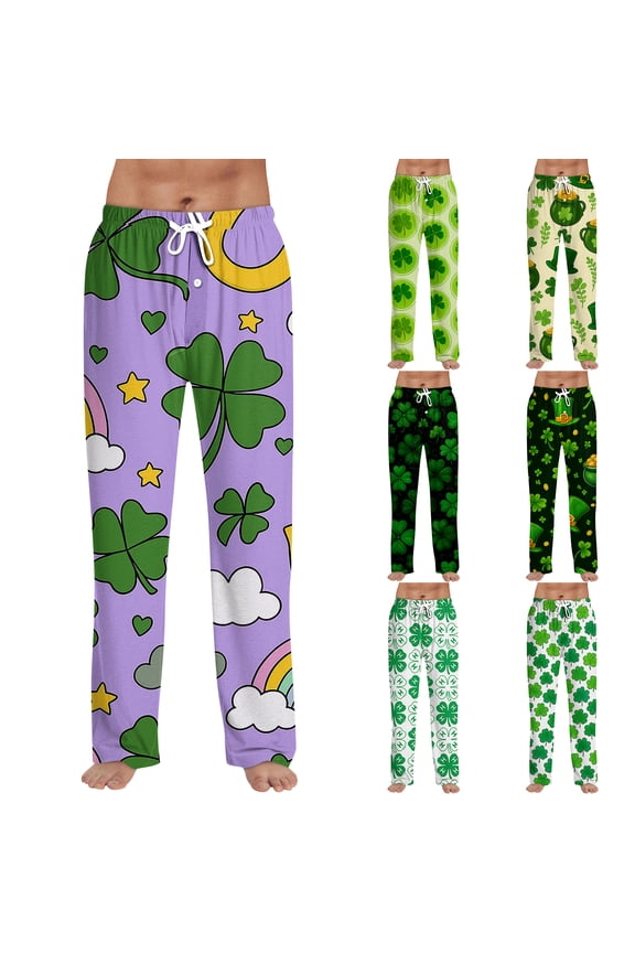 St Patrick's Day Pajama Pants for Men Four Leaf Clover Print Straight Leg Drawstring Pants Casual Lounge Spring Summer Wear 2026 Dark Green S