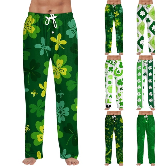 St Patrick's Day Pajama Pants for Men Four Leaf Clover Print Straight Leg Drawstring Pants Casual Lounge Spring Summer Wear 2026 Green 2XL