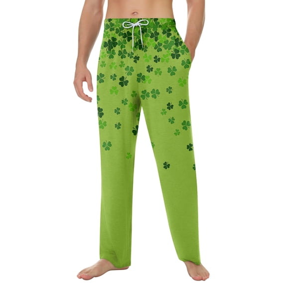 St. Patrick's Day Pajama Pants for Men with Four Leaf Clover Print Comfortable Pajama Bottoms and Sleep Pants for Home Wear Green L