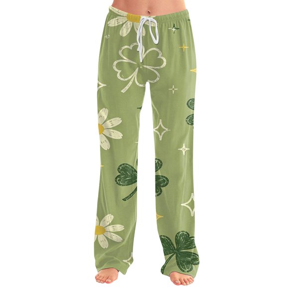 St. Patrick's Day Pajama Pants for Women, Shamrock Daisy Print, Drawstring Straight Leg Lounge Sleep Pants